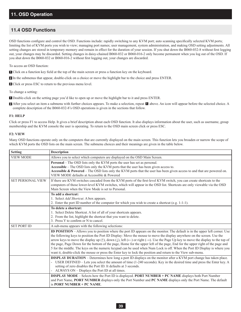 Osd operation 11.4 osd functions | Tripp Lite NetDirector B060-032-8 User Manual | Page 39 / 49