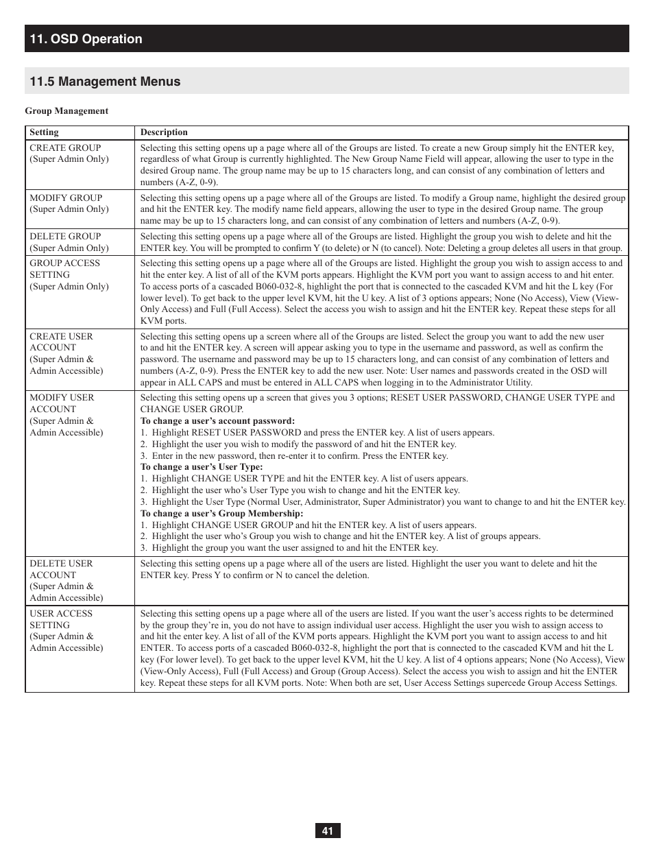 Osd operation 11.5 management menus | Tripp Lite NetDirector B060-032-8 User Manual | Page 41 / 49