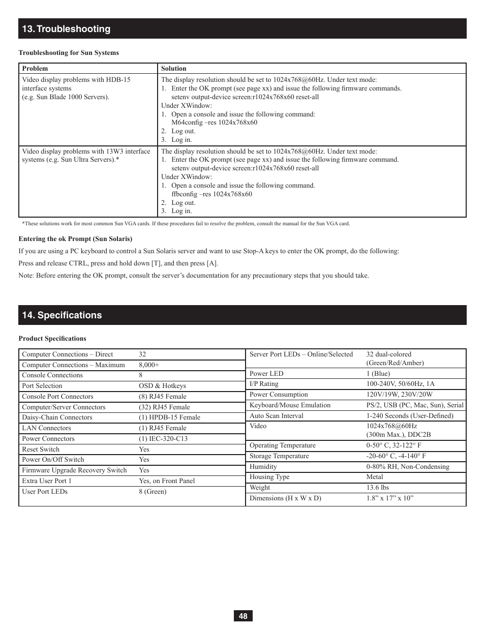 Troubleshooting 14. specifi cations | Tripp Lite NetDirector B060-032-8 User Manual | Page 48 / 49