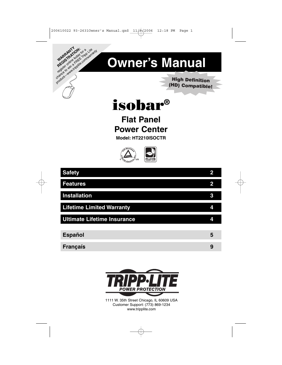 Tripp Lite Isobar Flat Panel Power Center HT2210ISOCTR User Manual | 5 pages