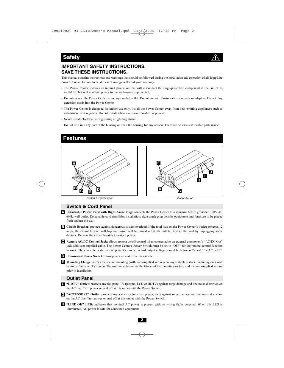 Safety, Features | Tripp Lite Isobar Flat Panel Power Center HT2210ISOCTR User Manual | Page 2 / 5