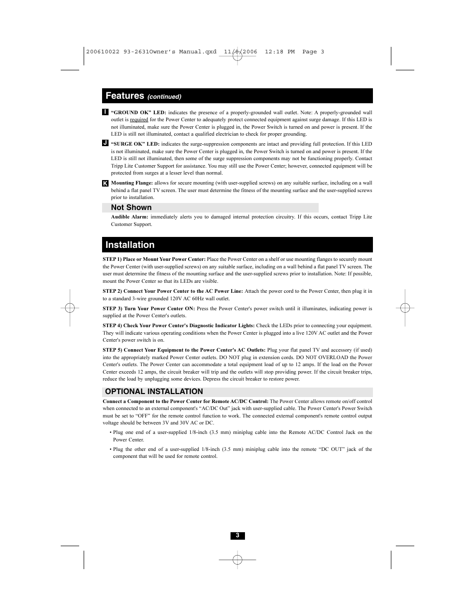 Features, Installation | Tripp Lite Isobar Flat Panel Power Center HT2210ISOCTR User Manual | Page 3 / 5