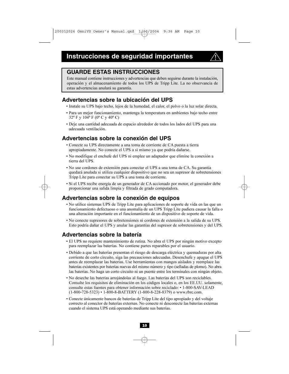 Instrucciones de seguridad importantes | Tripp Lite OMNIVSINT1500XL User Manual | Page 10 / 32