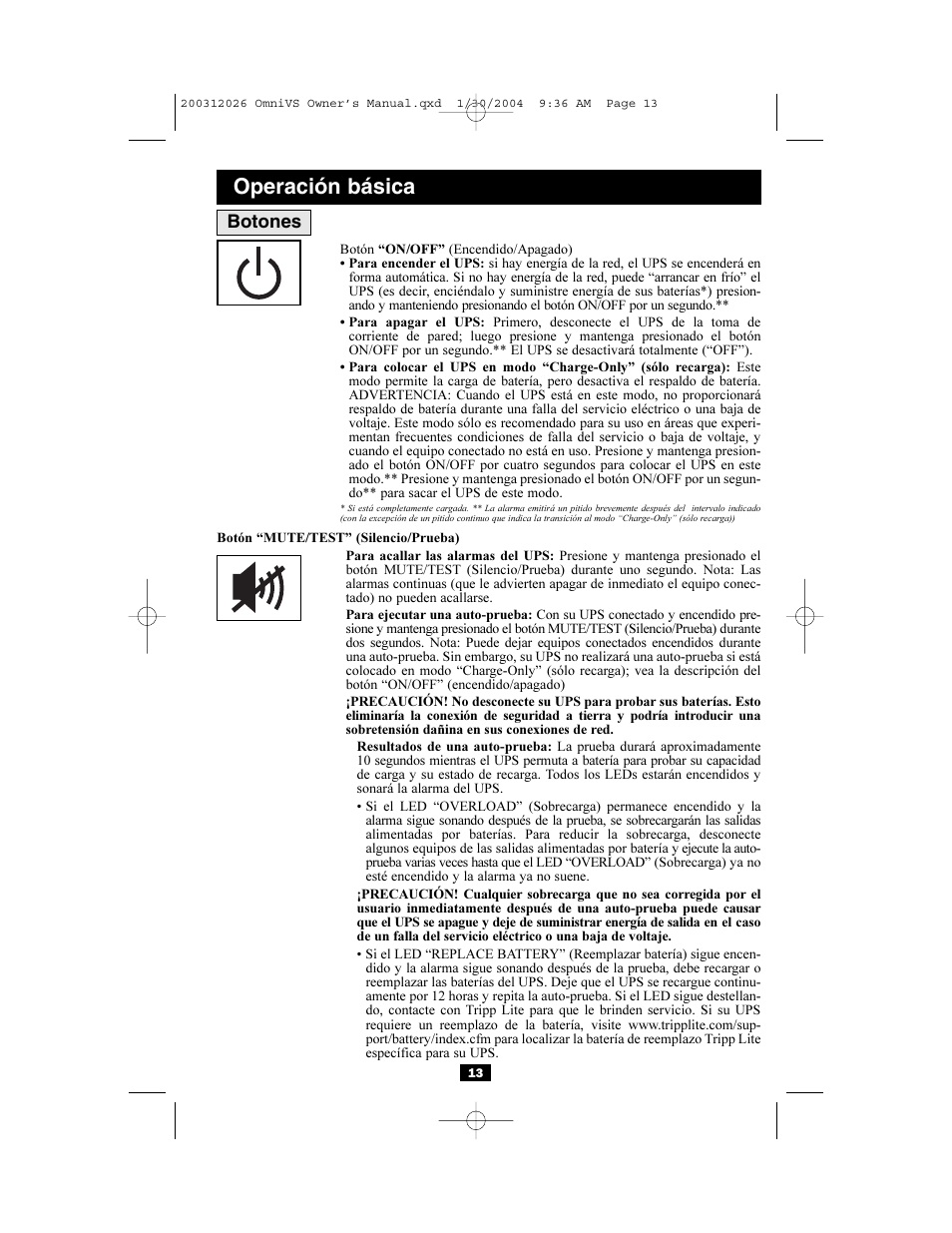 Operación básica, Botones | Tripp Lite OMNIVSINT1500XL User Manual | Page 13 / 32