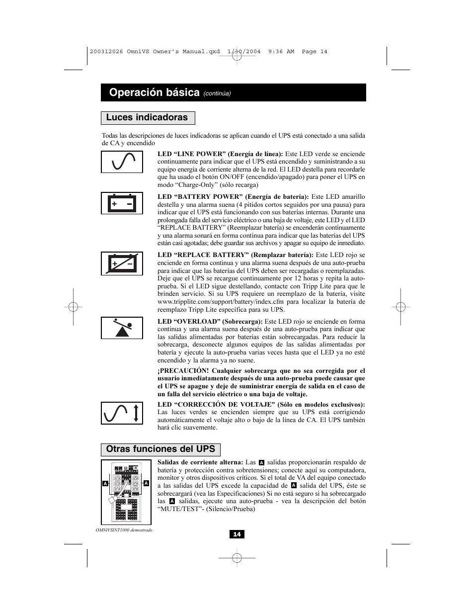 Operación básica, Otras funciones del ups luces indicadoras | Tripp Lite OMNIVSINT1500XL User Manual | Page 14 / 32