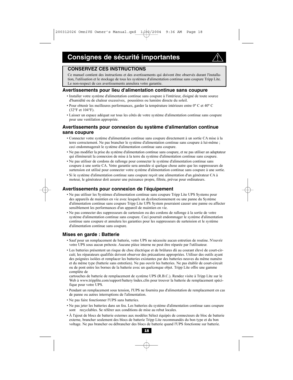 Consignes de sécurité importantes | Tripp Lite OMNIVSINT1500XL User Manual | Page 18 / 32