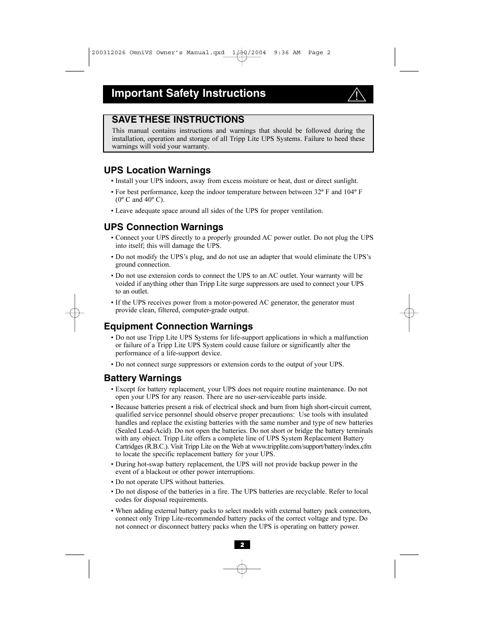 Important safety instructions | Tripp Lite OMNIVSINT1500XL User Manual | Page 2 / 32