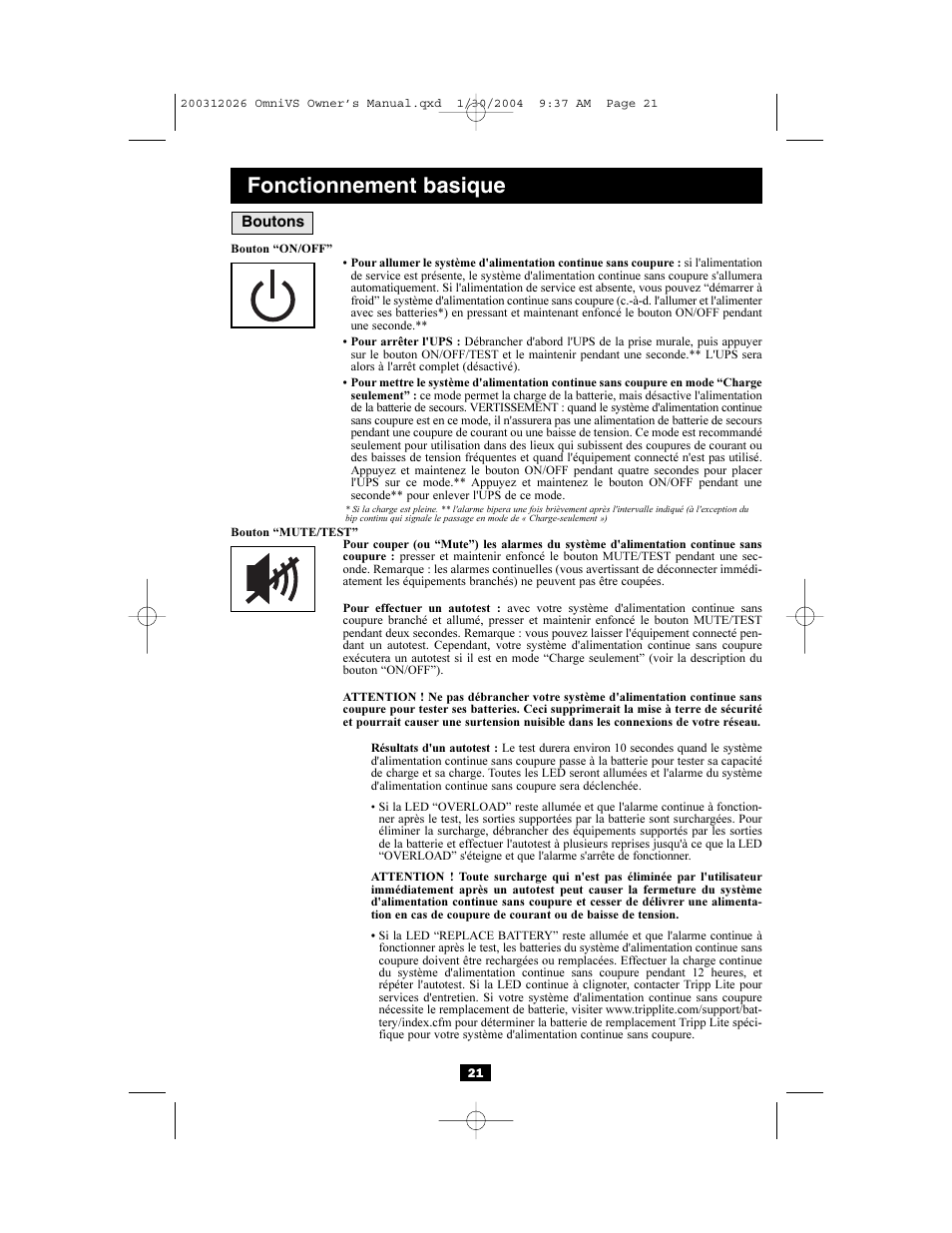 Fonctionnement basique | Tripp Lite OMNIVSINT1500XL User Manual | Page 21 / 32