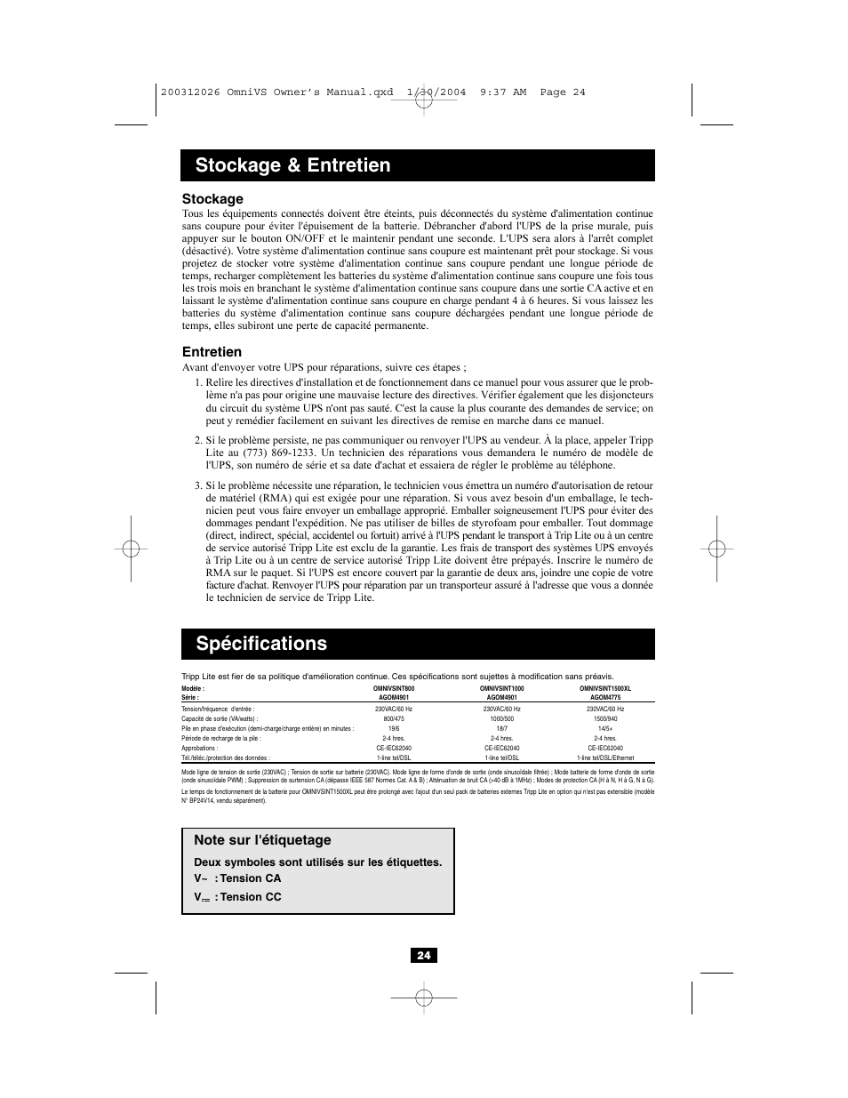 Spécifications, Stockage & entretien, Stockage | Entretien | Tripp Lite OMNIVSINT1500XL User Manual | Page 24 / 32