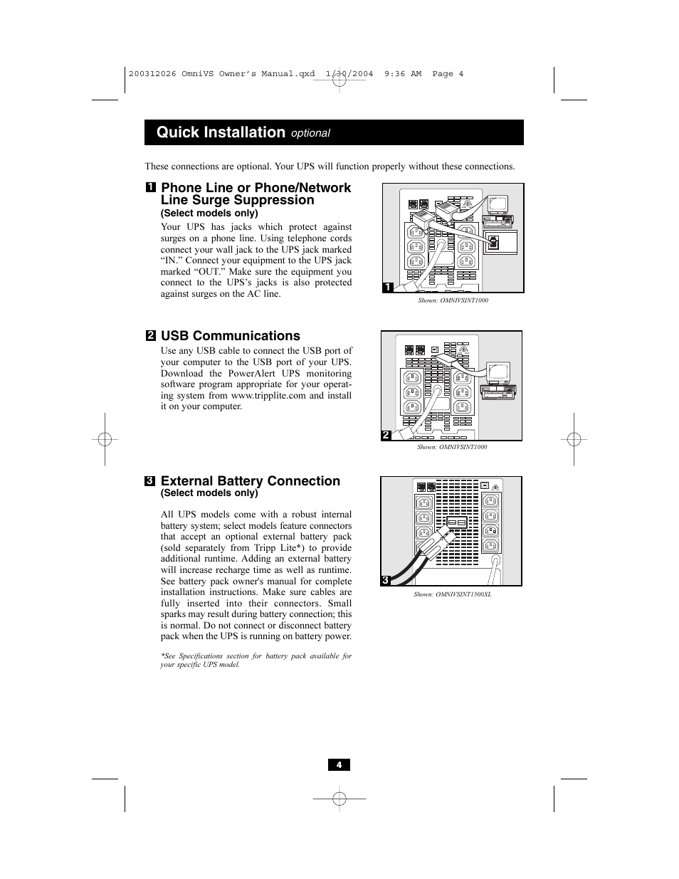 Quick installation, Phone line or phone/network line surge suppression, Usb communications | External battery connection | Tripp Lite OMNIVSINT1500XL User Manual | Page 4 / 32