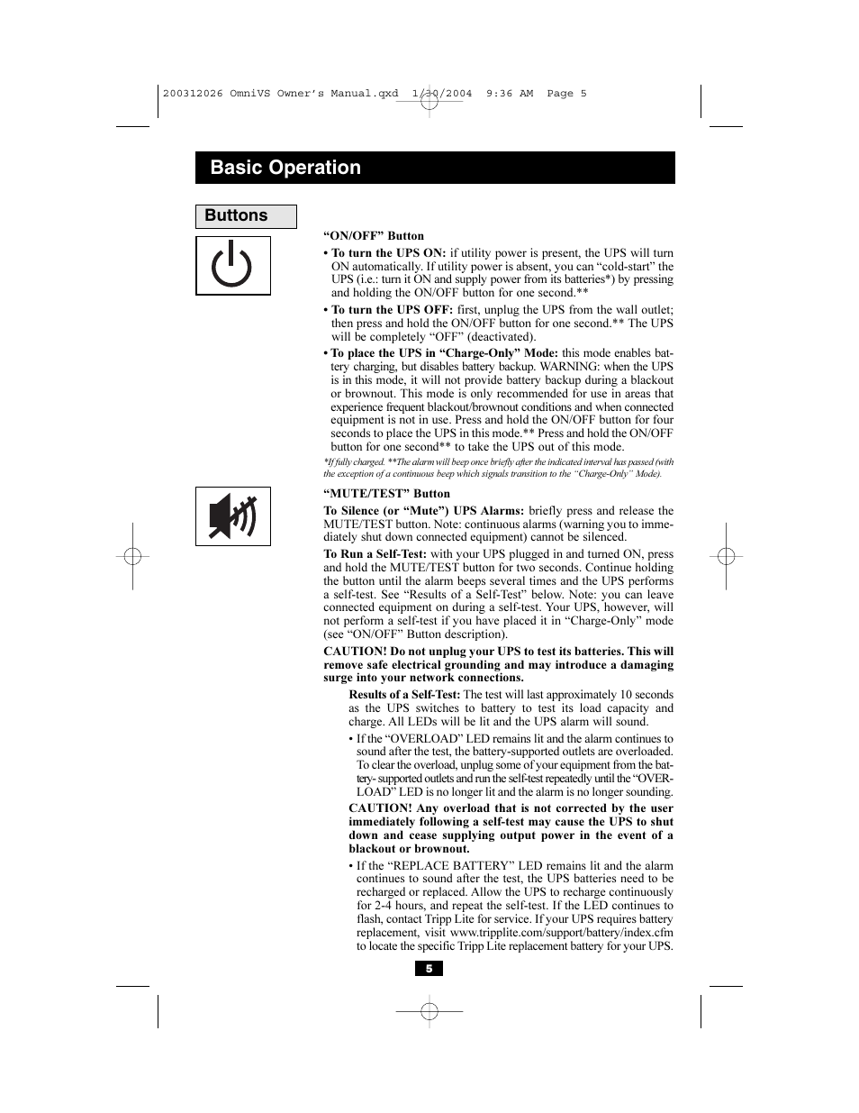 Basic operation, Buttons | Tripp Lite OMNIVSINT1500XL User Manual | Page 5 / 32