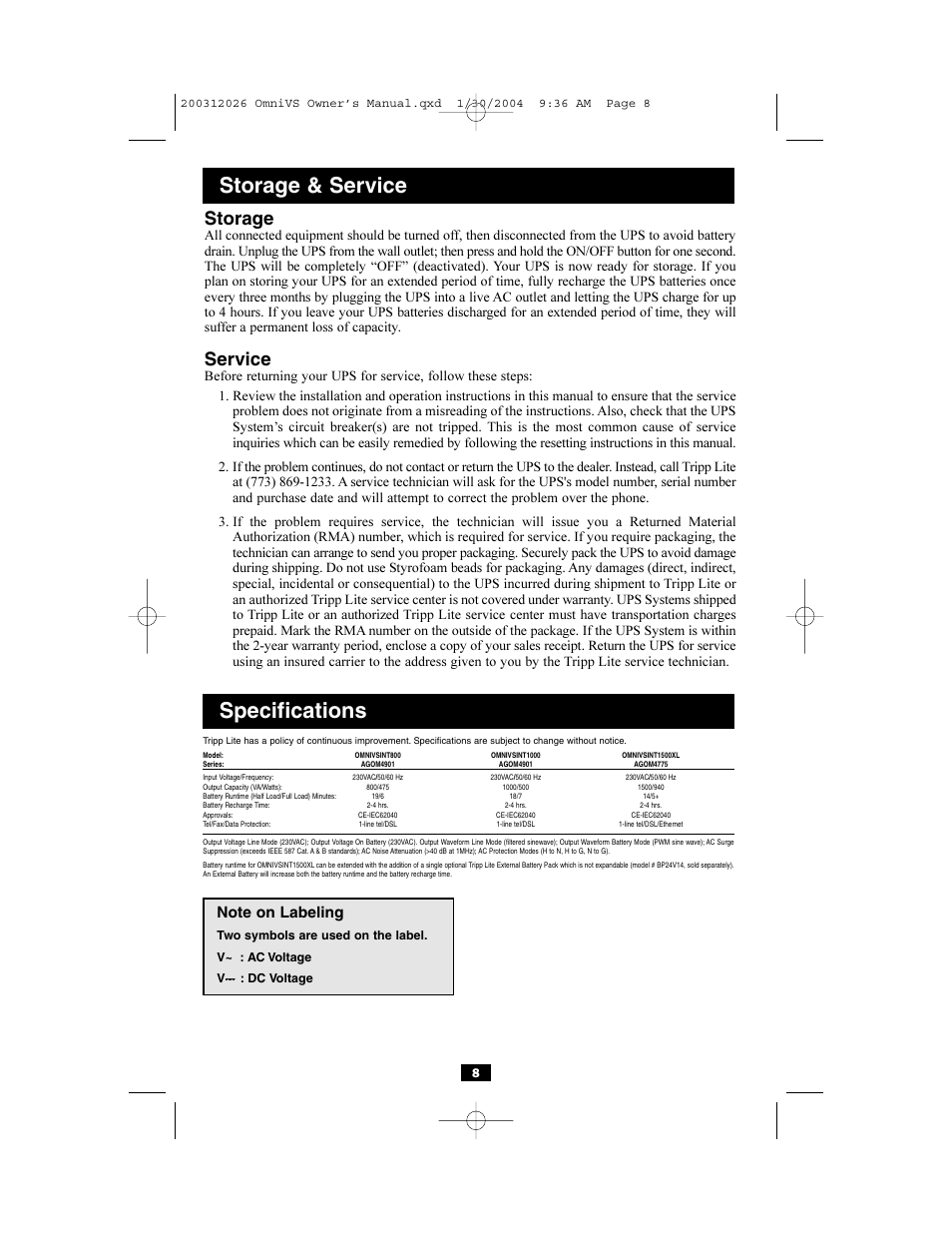 Specifications, Storage & service, Storage | Service | Tripp Lite OMNIVSINT1500XL User Manual | Page 8 / 32