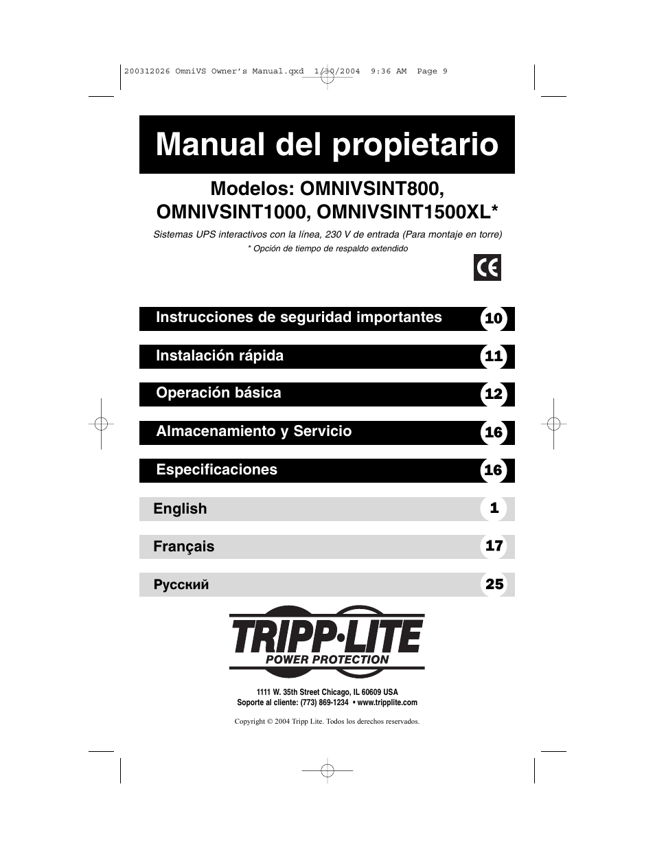 Manual del propietario | Tripp Lite OMNIVSINT1500XL User Manual | Page 9 / 32