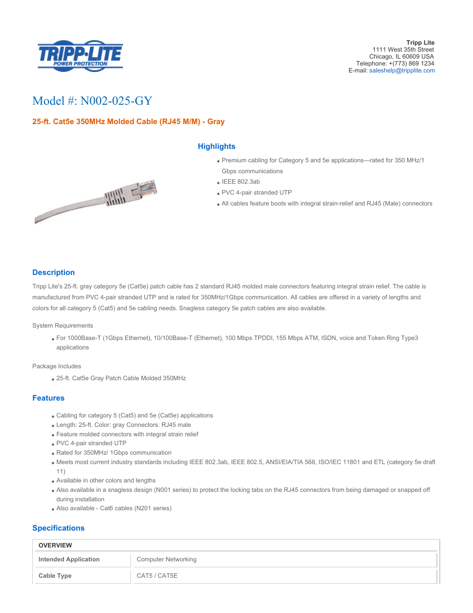 Tripp Lite N002-025-GY User Manual | 3 pages
