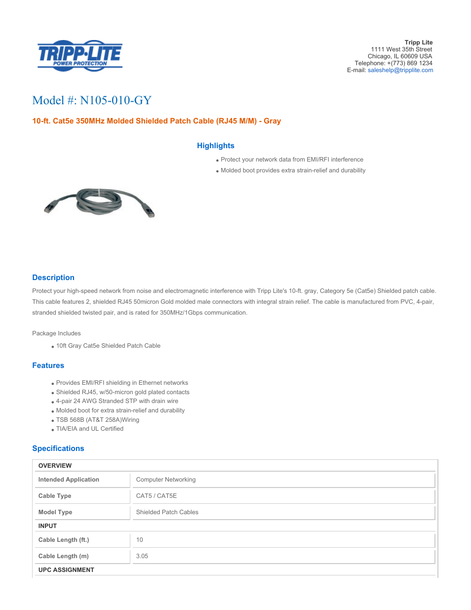 Tripp Lite N105-010-GY User Manual | 2 pages