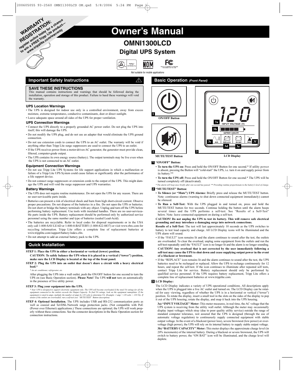 Tripp Lite Digital UPS System OMNI1300LCD User Manual | 2 pages