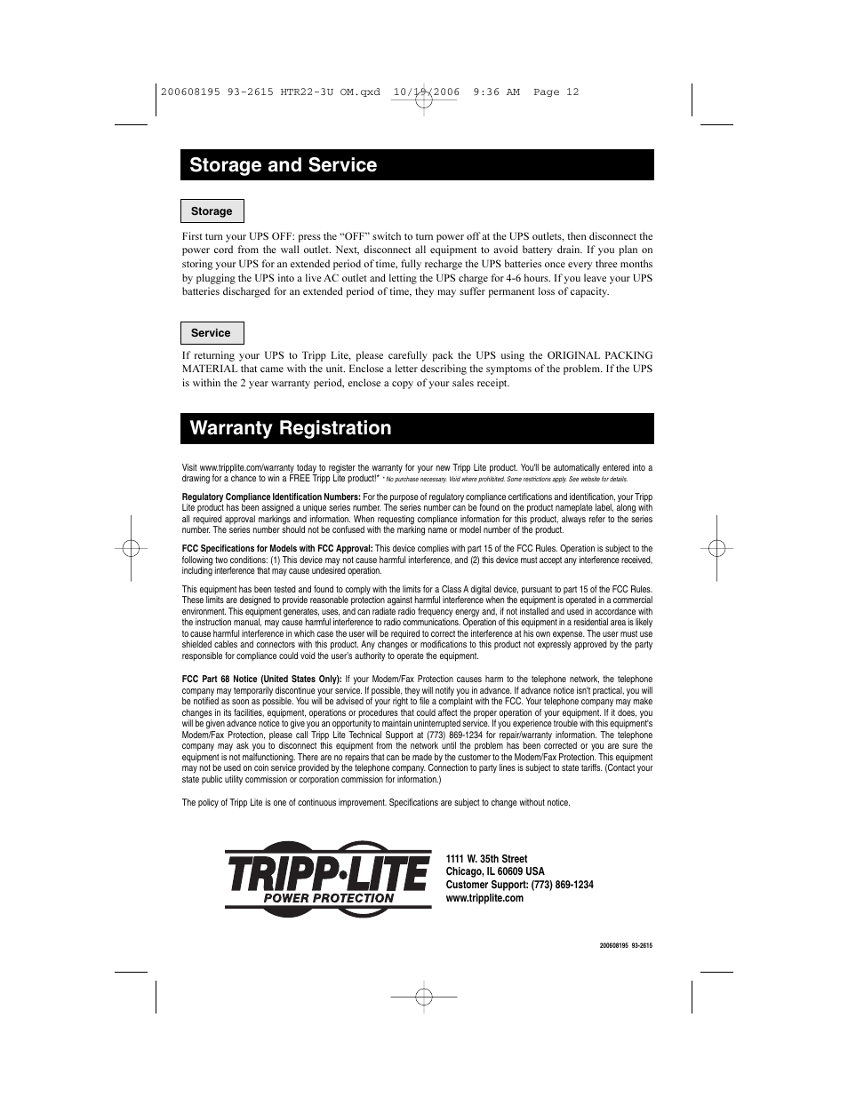 Storage and service, Warranty registration | Tripp Lite Audio/Video Pure Sine Wave UPS System User Manual | Page 12 / 13