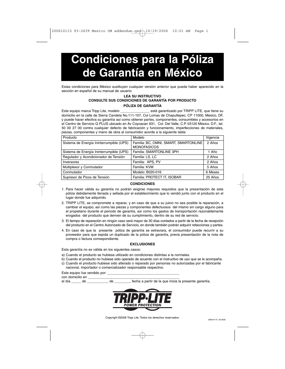 Condiciones para la póliza de garantía en méxico | Tripp Lite Audio/Video Pure Sine Wave UPS System User Manual | Page 13 / 13
