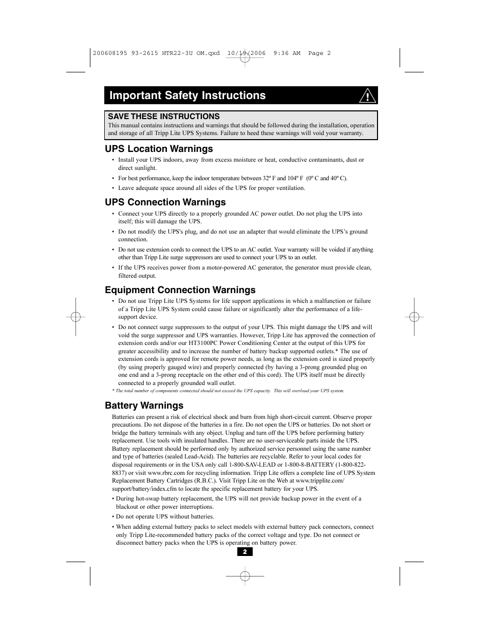 Important safety instructions, Ups location warnings, Ups connection warnings | Equipment connection warnings, Battery warnings | Tripp Lite Audio/Video Pure Sine Wave UPS System User Manual | Page 2 / 13