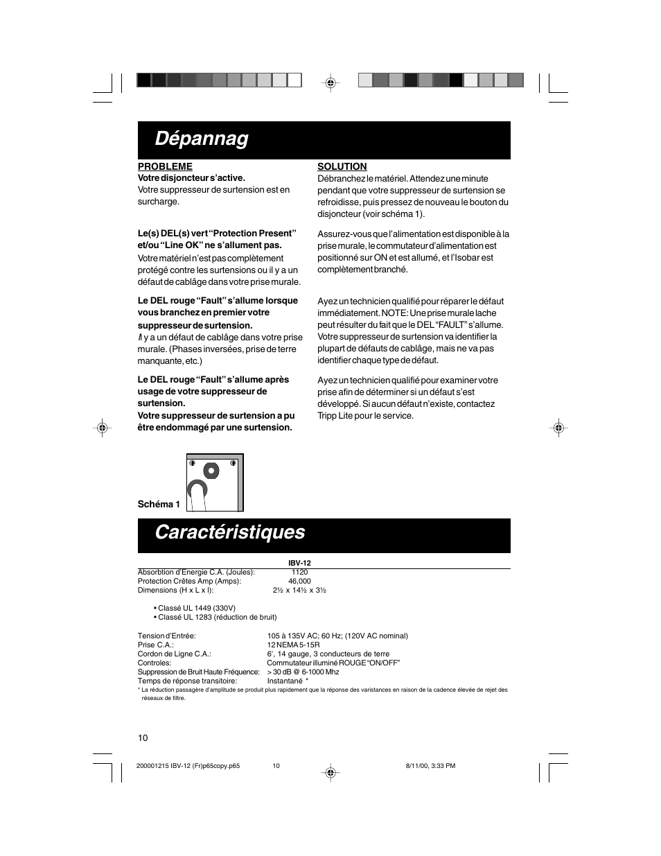 Dépannag e, Caractéristiques | Tripp Lite IBV-12 User Manual | Page 10 / 12