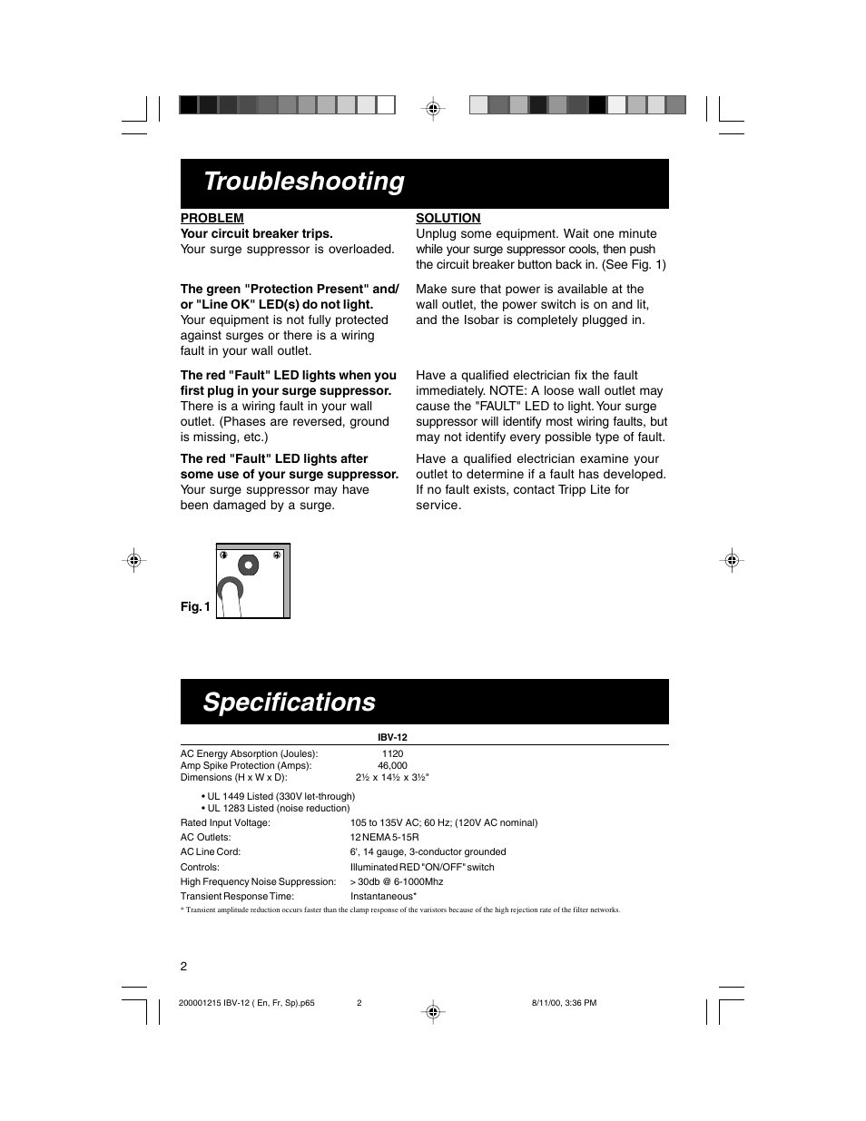 Troubleshooting, Specifications | Tripp Lite IBV-12 User Manual | Page 2 / 12