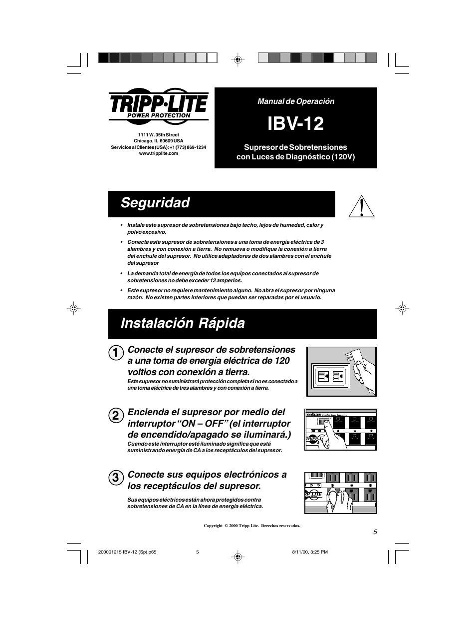 Ibv-12, Seguridad instalación rápida, Basic operation: p. 4 - 5 safety: p. 2 | Tripp Lite IBV-12 User Manual | Page 5 / 12