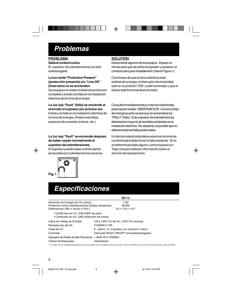 Problemas, Especificaciones | Tripp Lite IBV-12 User Manual | Page 6 / 12