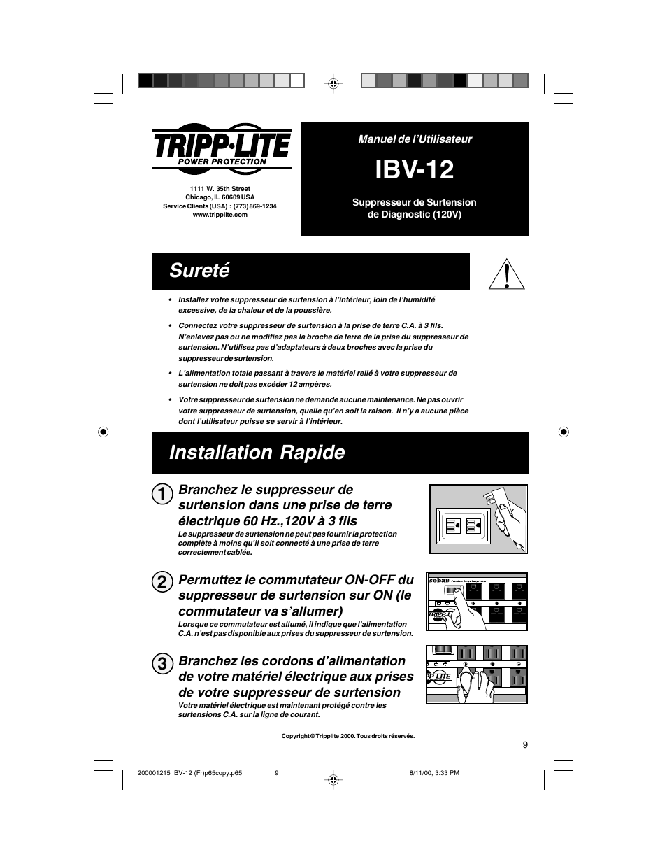 Ibv-12, Sureté installation rapide, Basic operation: p. 4 - 5 safety: p. 2 | Tripp Lite IBV-12 User Manual | Page 9 / 12