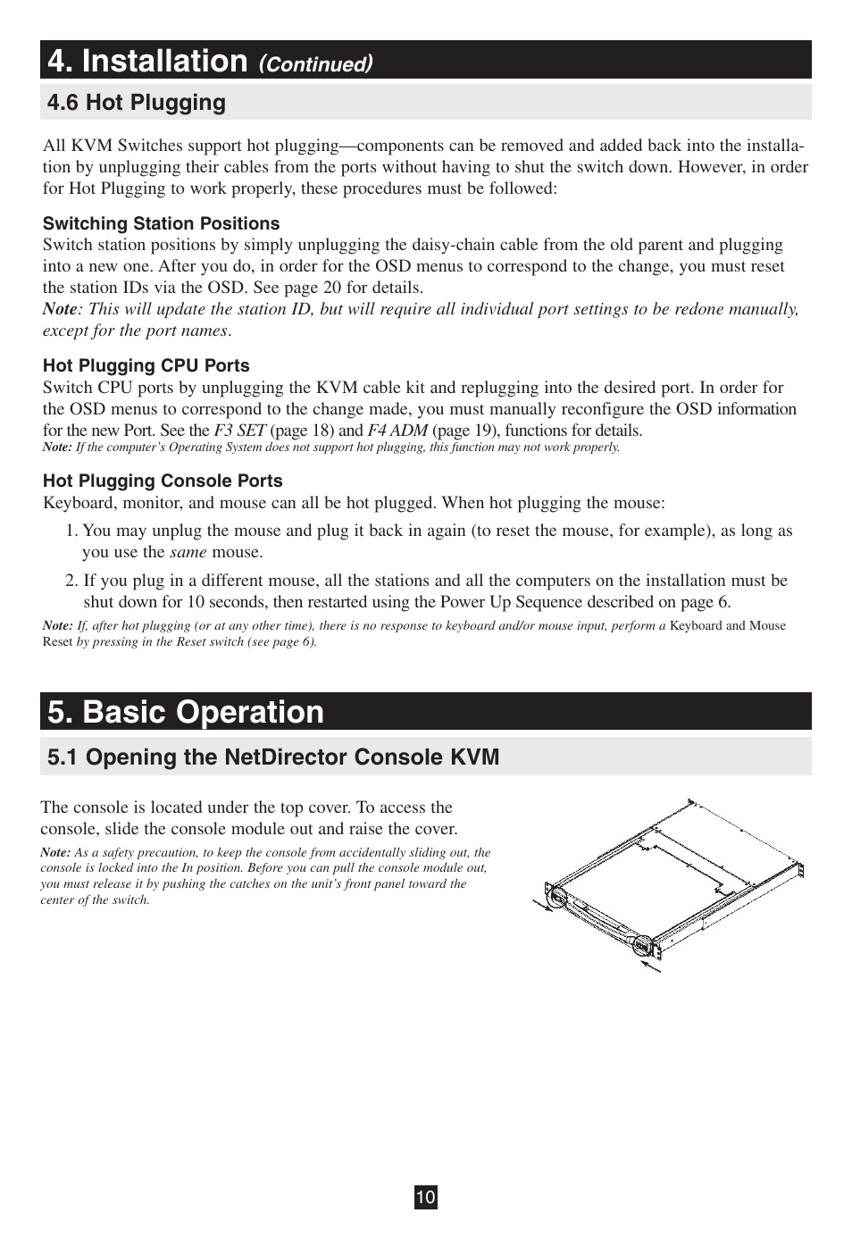 6 hot plugging, Basic operation, 1 opening the netdirector console kvm | Installation | Tripp Lite B020-016-17 User Manual | Page 10 / 112