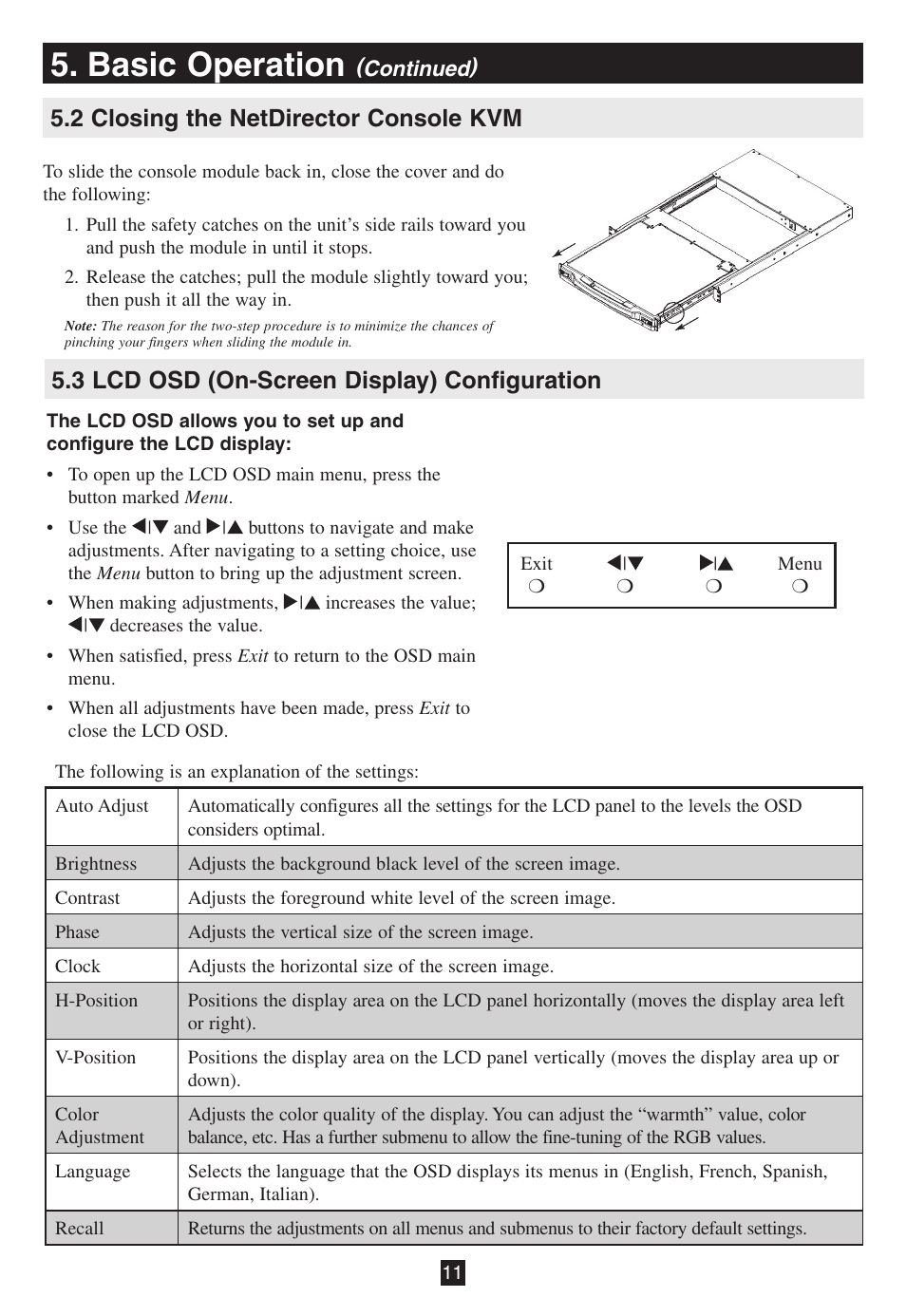 2 closing the netdirector console kvm, 3 lcd osd (on-screen display) configuration, Basic operation | Tripp Lite B020-016-17 User Manual | Page 11 / 112