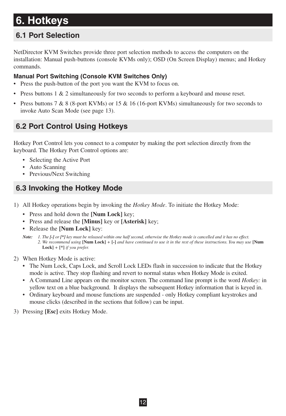 Hotkeys, 1 port selection, 2 port control using hotkeys | 3 invoking the hotkey mode | Tripp Lite B020-016-17 User Manual | Page 12 / 112