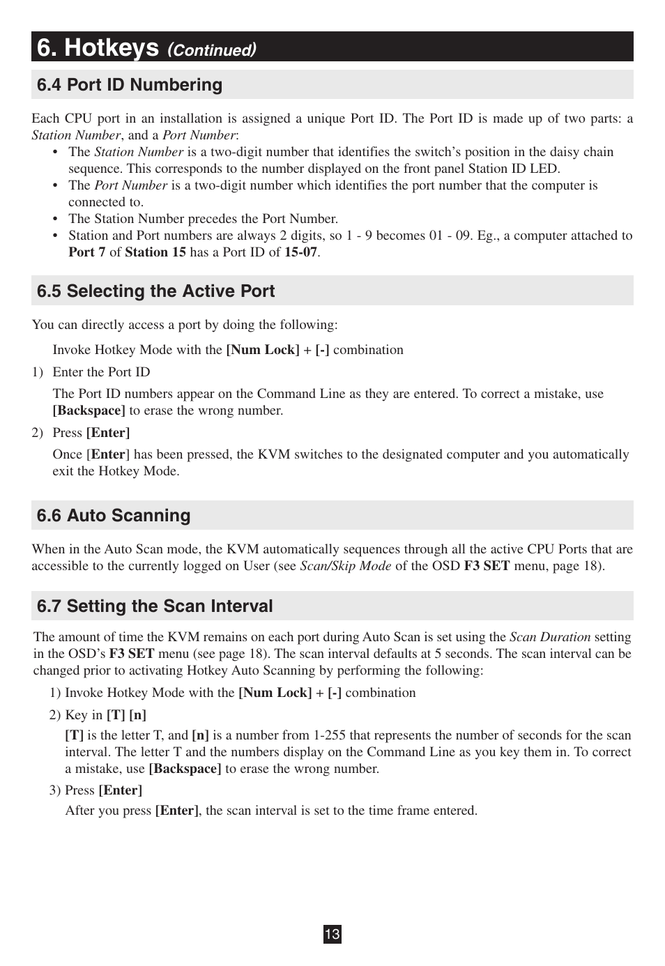 4 port id numbering, 5 selecting the active port, 6 auto scanning | 7 setting the scan interval, Hotkeys, 7 setting the scan interval 6.6 auto scanning | Tripp Lite B020-016-17 User Manual | Page 13 / 112