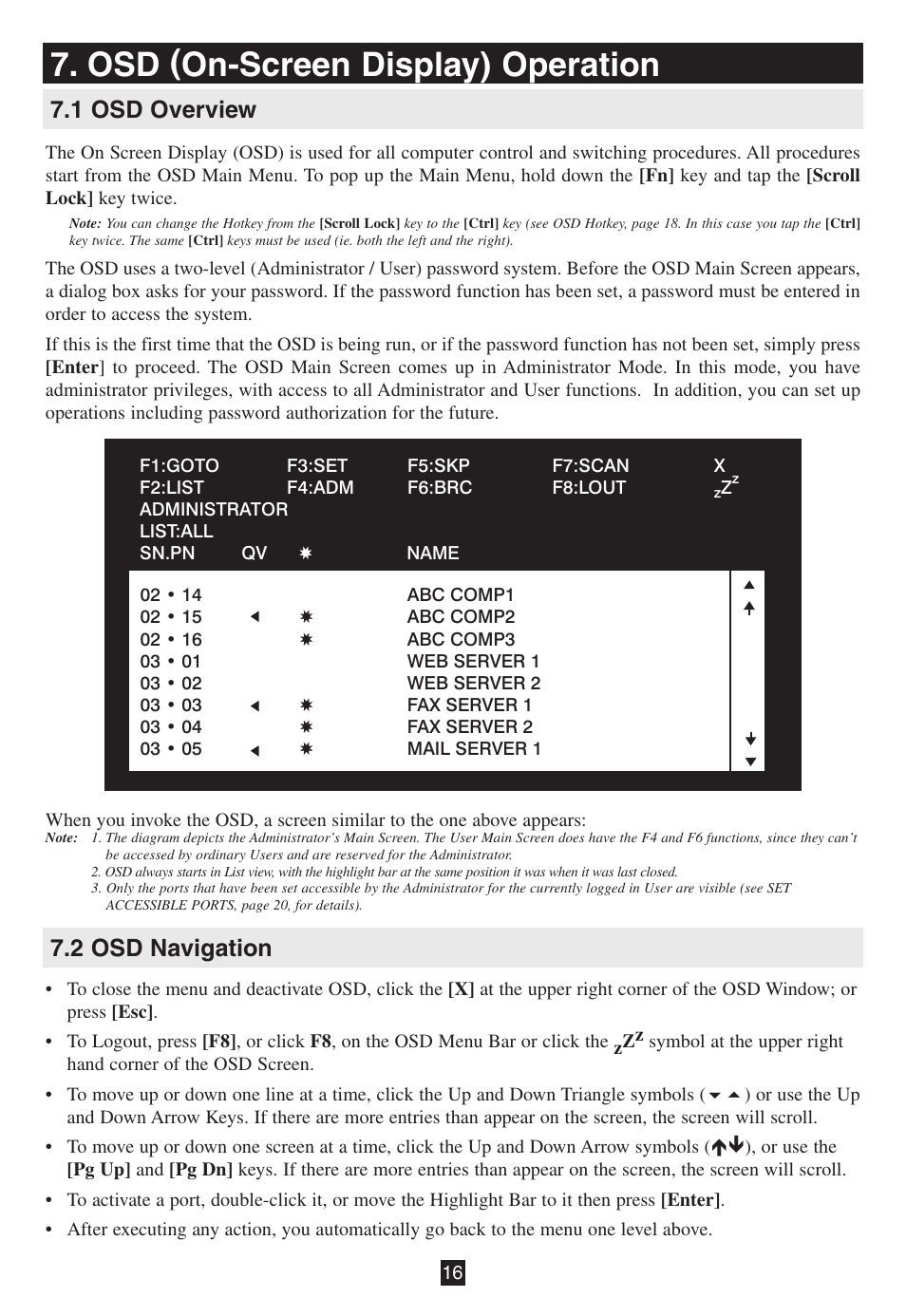 Osd (on-screen display) operation, 1 osd overview, 2 osd navigation | 1 osd overview 7.2 osd navigation | Tripp Lite B020-016-17 User Manual | Page 16 / 112