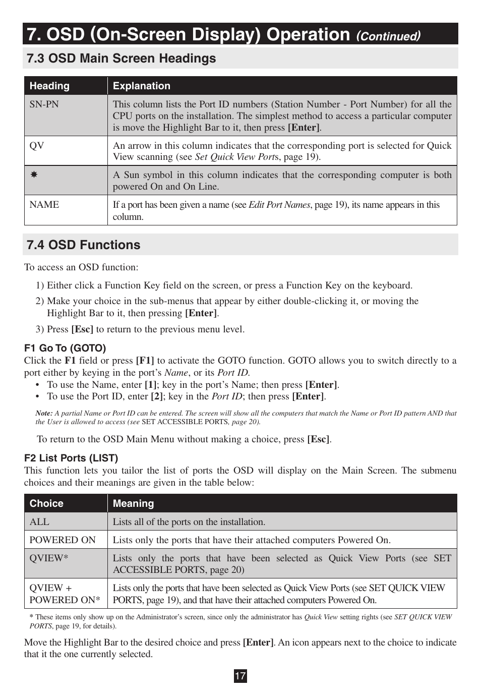 3 osd main screen headings, 4 osd functions, Osd (on-screen display) operation | 4 osd functions 7.3 osd main screen headings | Tripp Lite B020-016-17 User Manual | Page 17 / 112