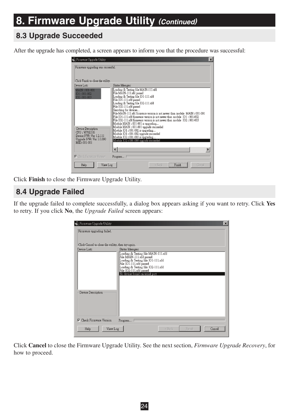 3 upgrade succeeded, 4 upgrade failed, Firmware upgrade utility | Tripp Lite B020-016-17 User Manual | Page 24 / 112