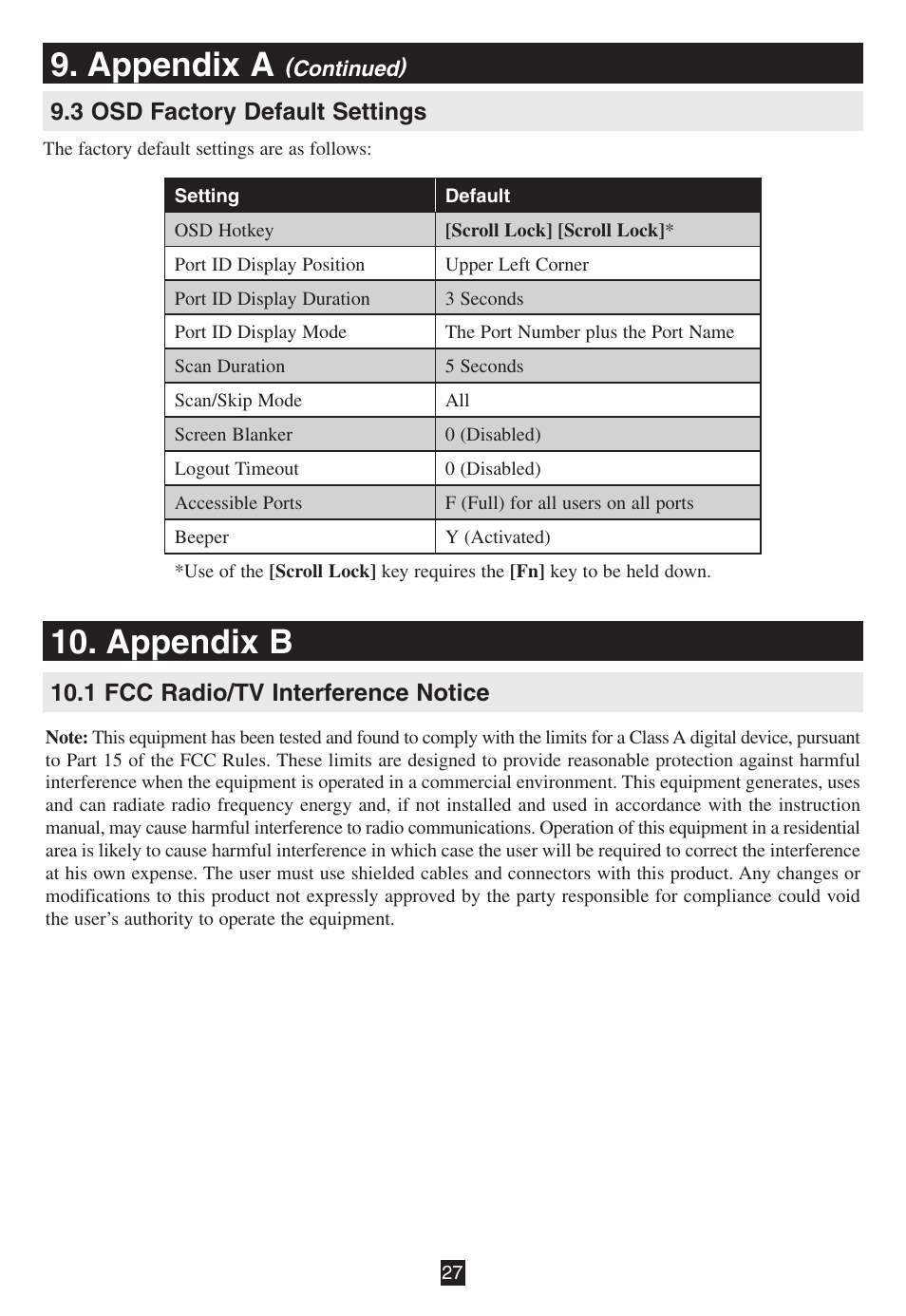 3 osd factory default settings, Appendix b, 1 fcc radio/tv interference notice | Appendix a | Tripp Lite B020-016-17 User Manual | Page 27 / 112