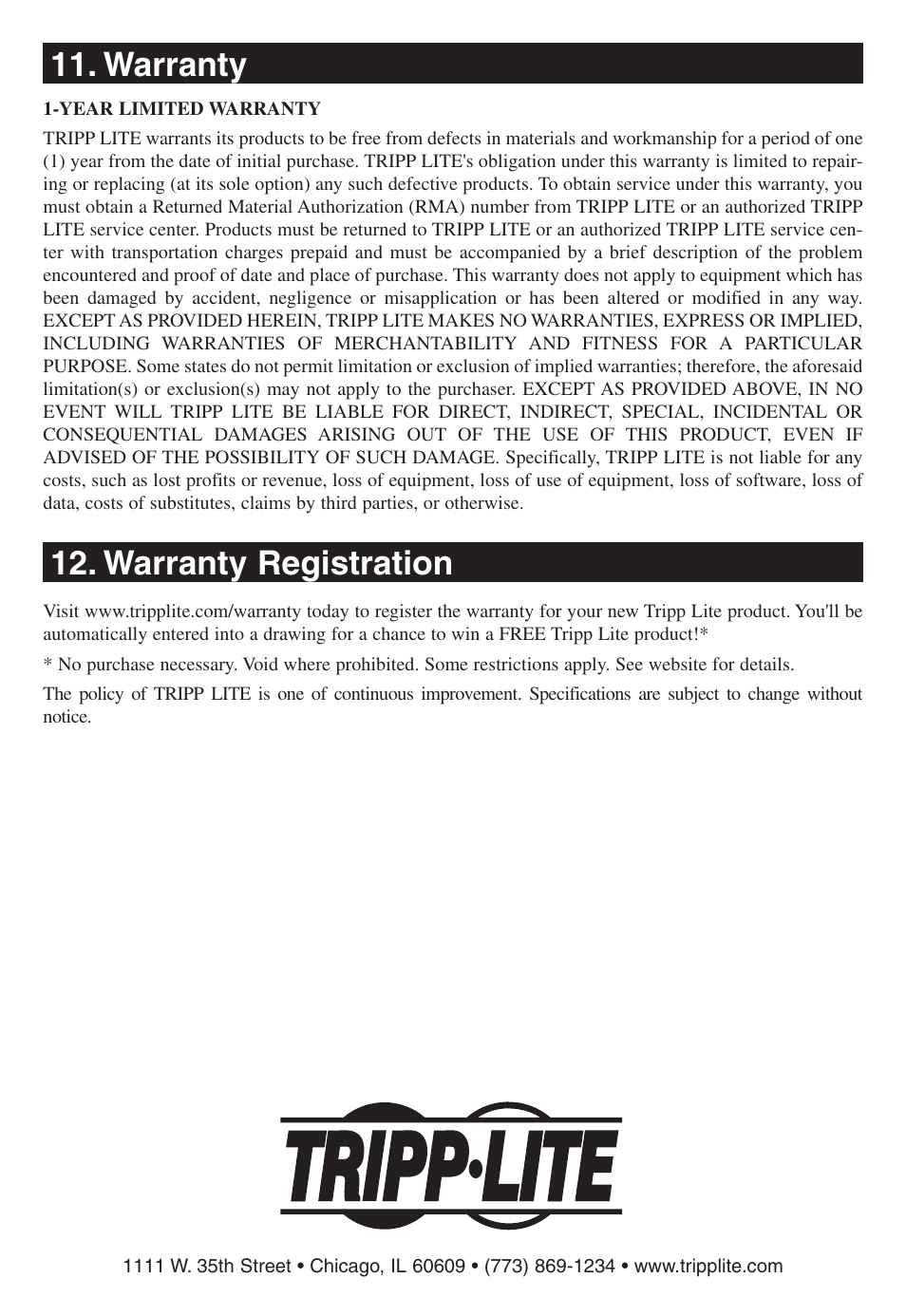 Warranty, Warranty registration, Warranty 12. warranty registration | Tripp Lite B020-016-17 User Manual | Page 28 / 112