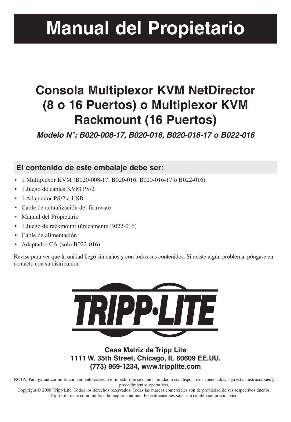 Manual del propietario | Tripp Lite B020-016-17 User Manual | Page 29 / 112