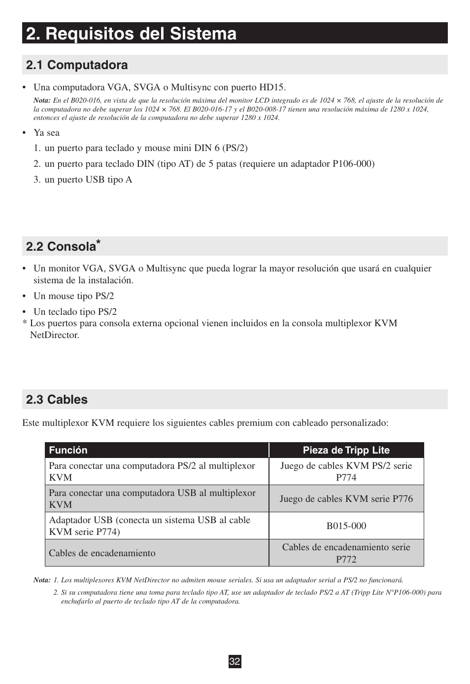 Requisitos del sistema, 1 computadora, 2 consola | 3 cables | Tripp Lite B020-016-17 User Manual | Page 32 / 112