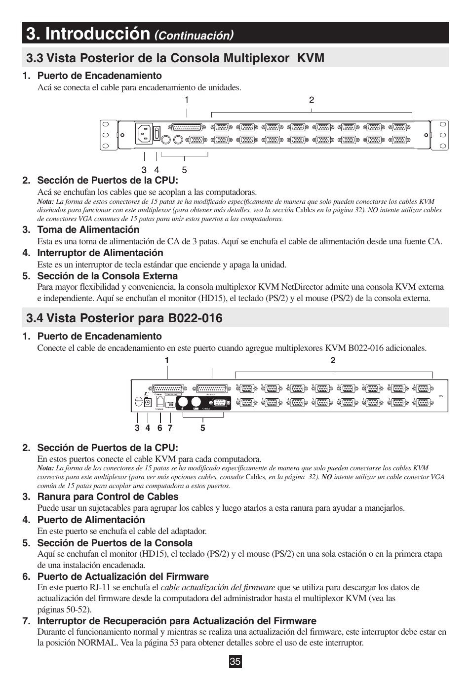 3 vista posterior de la consola multiplexor kvm, 4 vista posterior para b022-016, Introducción | Tripp Lite B020-016-17 User Manual | Page 35 / 112
