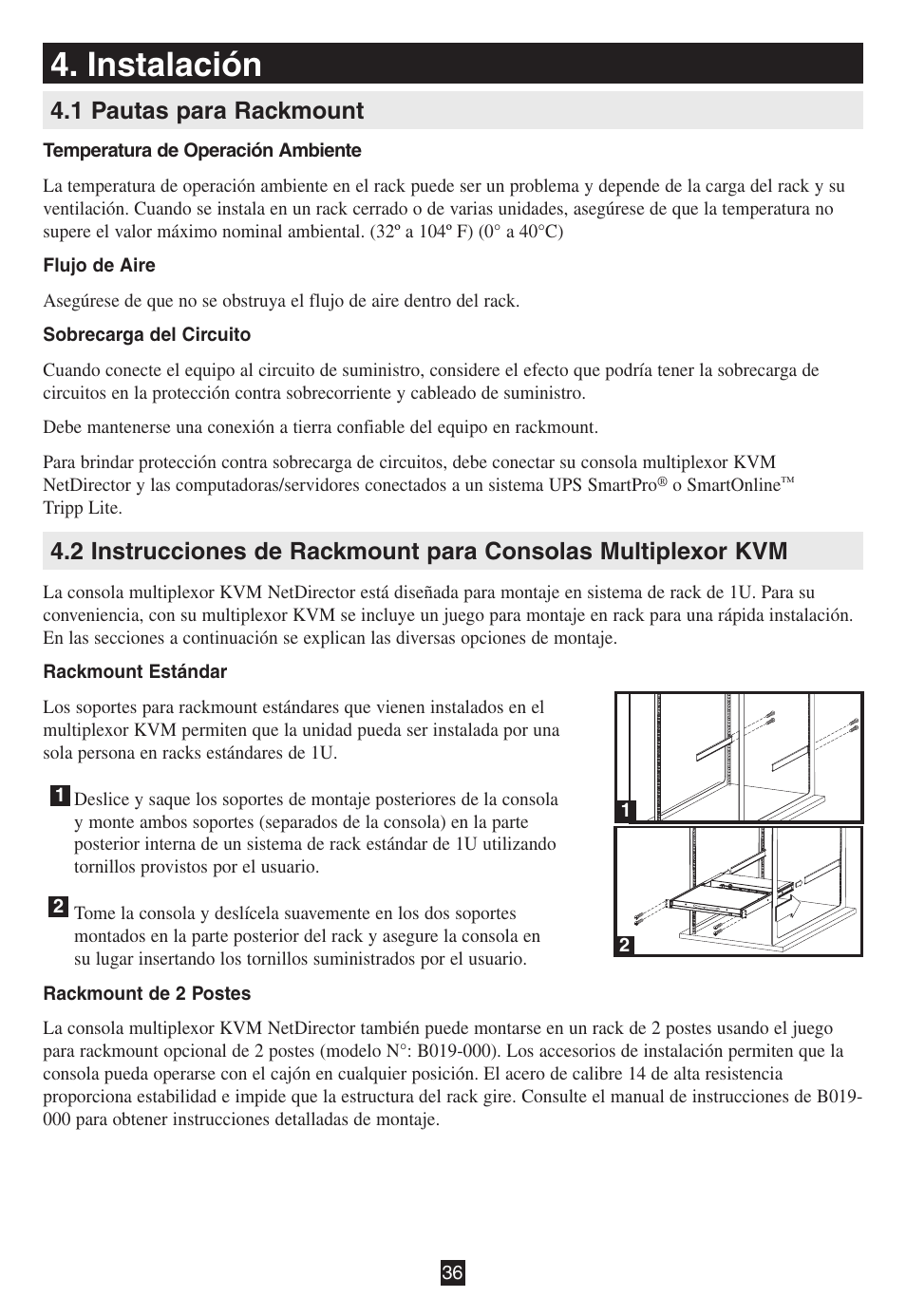 Instalación, 1 pautas para rackmount | Tripp Lite B020-016-17 User Manual | Page 36 / 112