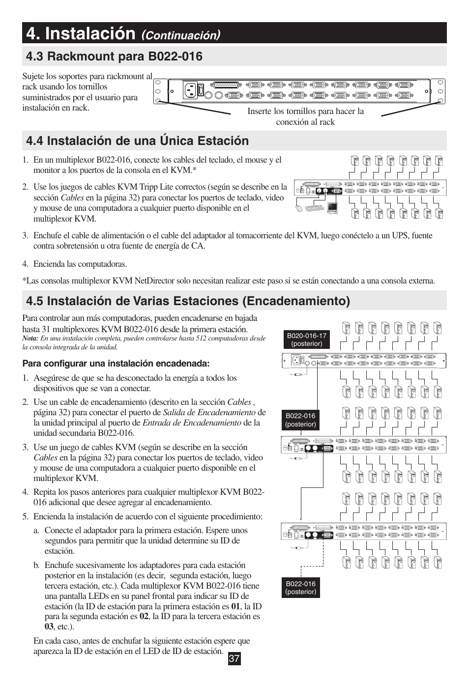 3 rackmount para b022-016, 4 instalación de una única estación, Instalación | Continuación) | Tripp Lite B020-016-17 User Manual | Page 37 / 112