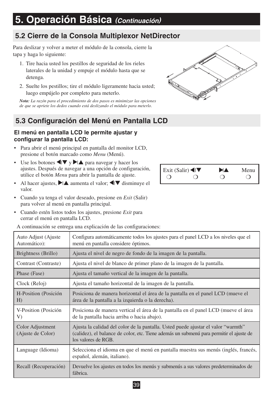 2 cierre de la consola multiplexor netdirector, 3 configuración del menú en pantalla lcd, Operación básica | Tripp Lite B020-016-17 User Manual | Page 39 / 112