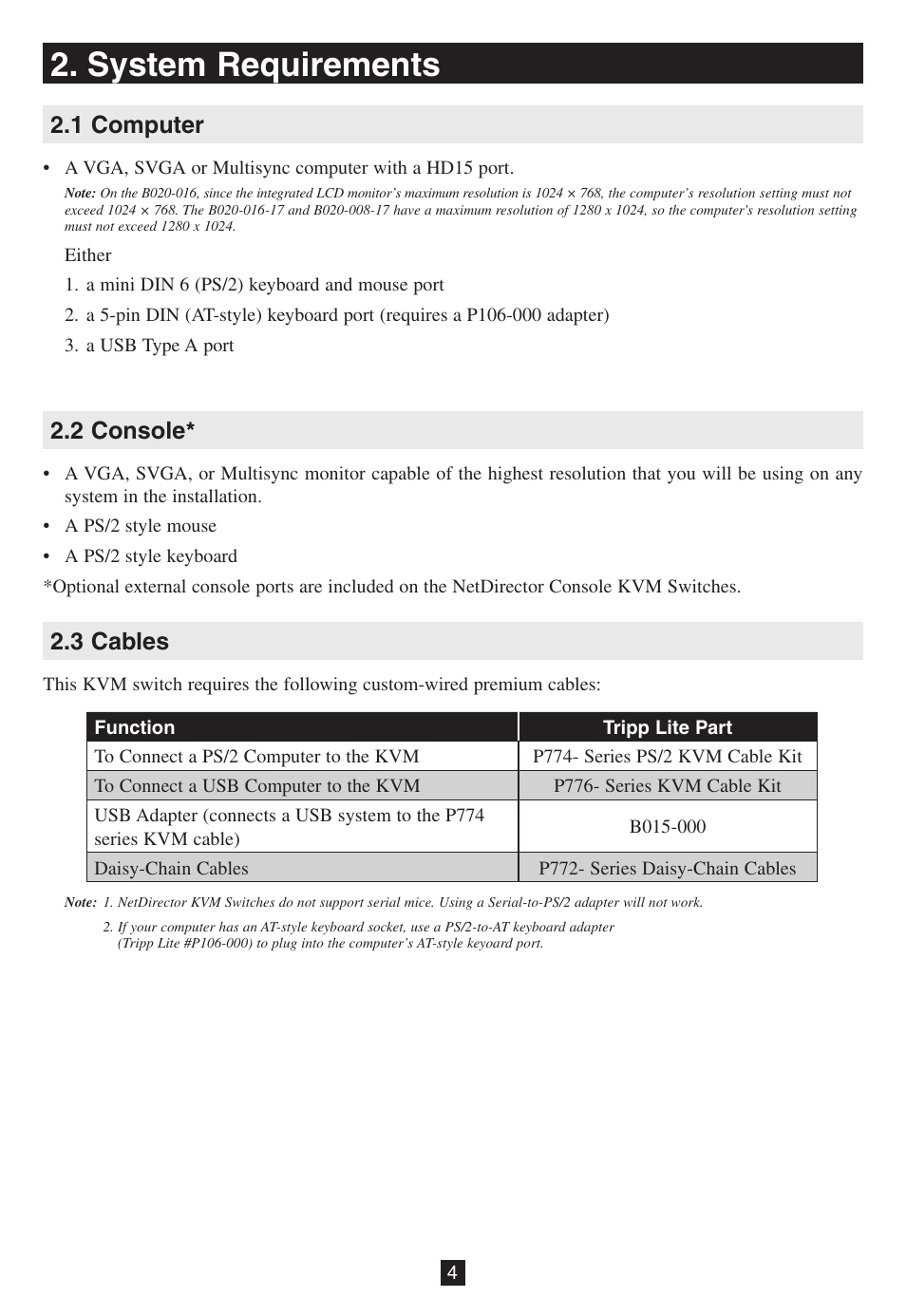 System requirements, 1 computer, 2 console | 3 cables | Tripp Lite B020-016-17 User Manual | Page 4 / 112