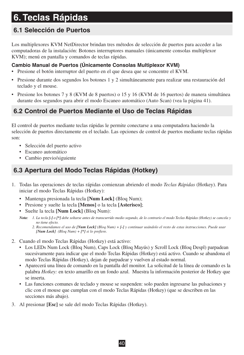 Teclas rápidas, 1 selección de puertos, 3 apertura del modo teclas rápidas (hotkey) | Tripp Lite B020-016-17 User Manual | Page 40 / 112