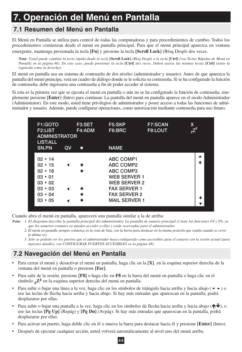 Operación del menú en pantalla, 1 resumen del menú en pantalla, 2 navegación del menú en pantalla | Tripp Lite B020-016-17 User Manual | Page 44 / 112