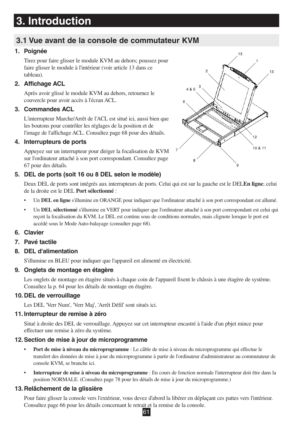 Introduction, 1 vue avant de la console de commutateur kvm | Tripp Lite B020-016-17 User Manual | Page 61 / 112