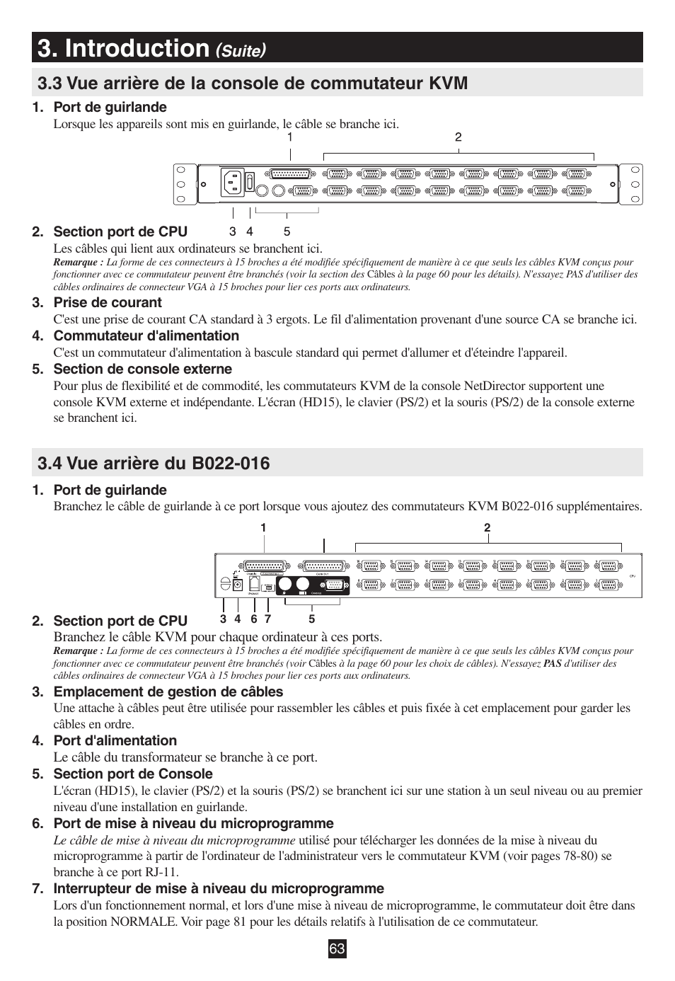 3 vue arrière de la console de commutateur kvm, 4 vue arrière du b022-016, Introduction | Tripp Lite B020-016-17 User Manual | Page 63 / 112