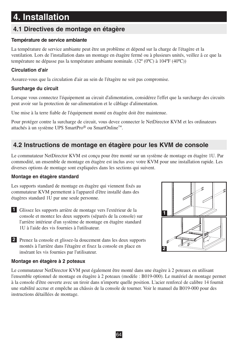 Installation, 1 directives de montage en étagère | Tripp Lite B020-016-17 User Manual | Page 64 / 112