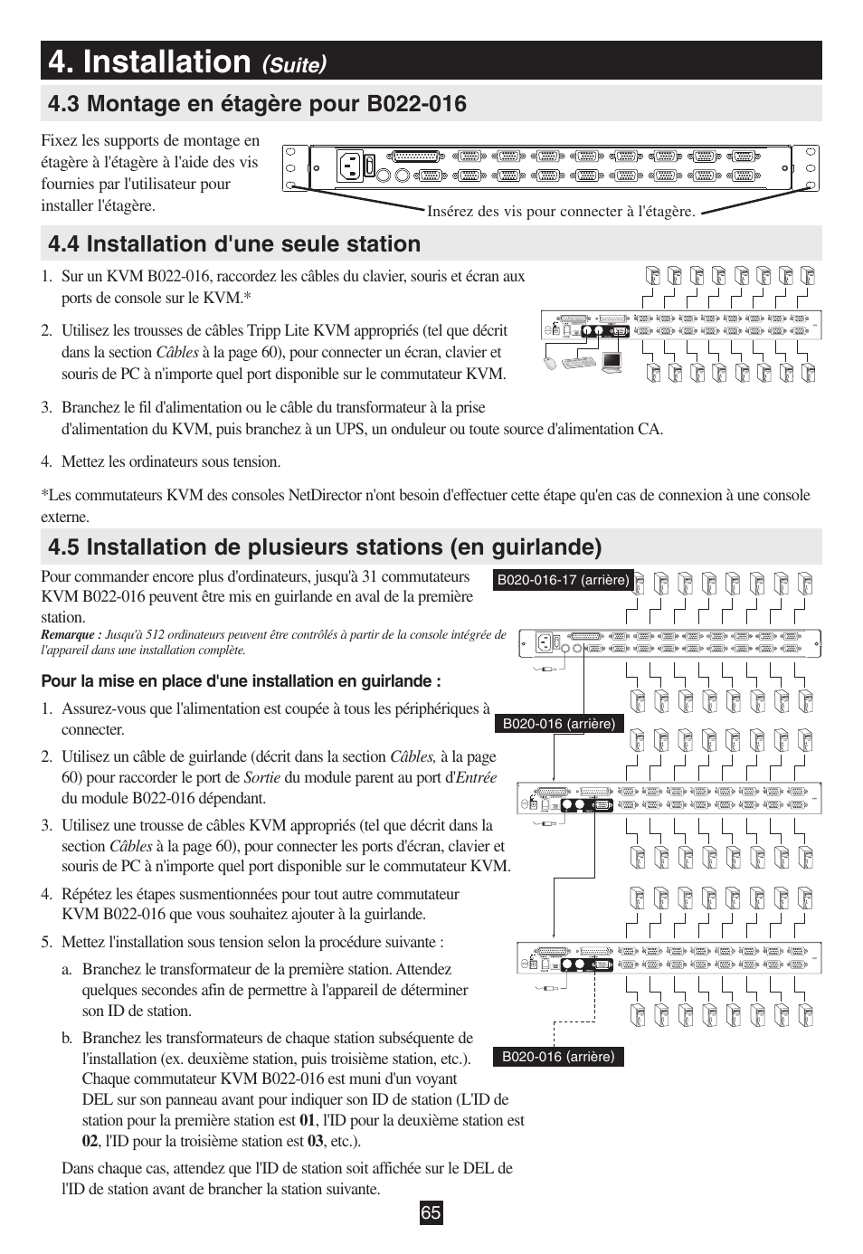 3 montage en étagère pour b022-016, 4 installation d'une seule station, Installation | Tripp Lite B020-016-17 User Manual | Page 65 / 112